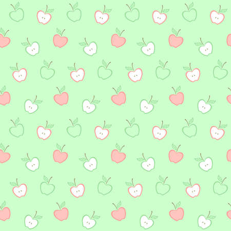 Red and green apples with a leaf on a green background. Fruit. Vector seamless pattern for wallpaper, wrapping paper, packaging, cover, country fair, farm market, food store, shop, printing on textileのイラスト素材