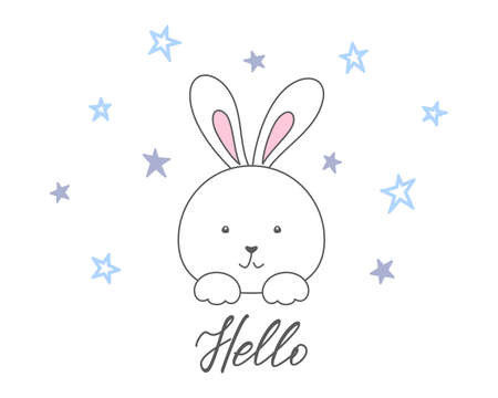 Cute rabbit face, Hello hand lettering and blue small stars isolated on a white background. White bunny, tiny hare. Vector illustration, design template for poster, greeting card, banner, cover, printのイラスト素材