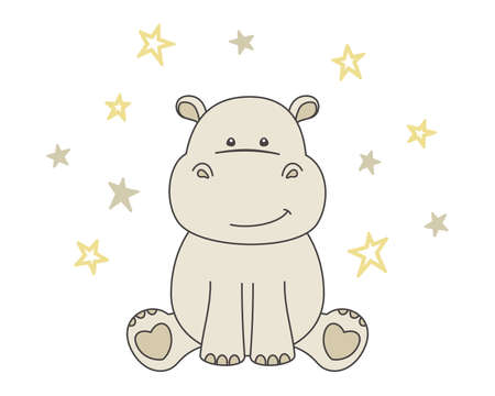 Beige little hippo and small stars isolated on white background. Cute hippopotamus, behemoth. Vector illustration, design template for poster, greeting card, banner, printing on kids t-shirt, apparelのイラスト素材