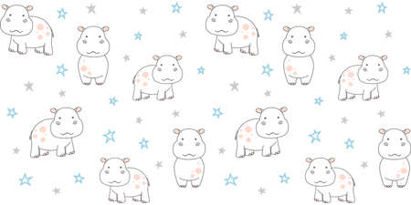 Cute little hippo on white background with blue and gray small stars. Endless texture with behemoth. Vector seamless pattern for wallpaper, cover, wrapping paper, packaging, wrapper or surface textureのイラスト素材