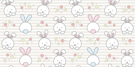 Cute rabbit and flowers on a beige striped background. Endless texture with white bunny, tiny hare. Vector seamless pattern for wallpaper, wrapping paper, packaging, wrapper, cover and surface textureのイラスト素材