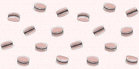 Abstract chocolate macaroons on a pink polka dot background. Endless texture with French sweet pastries. Vector seamless pattern for bakery, pastry shop, confectionery, wrapping paper, packaging, menuのイラスト素材