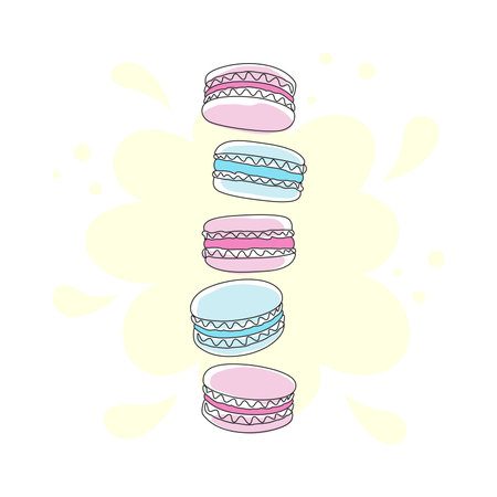 Abstract pink and blue macaroons isolated on a white background with a pale yellow spot. French sweet pastries and dessert. Vector illustration for bakery, pastry shop, confectionery, packaging, badgeのイラスト素材