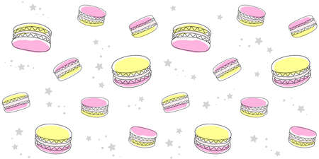 Yellow and pink macaroons and small stars on a white. Endless texture with French sweet pastries. Vector seamless pattern for bakery, sweet shop, pastry shop, confectionery, wrapping paper, packagingのイラスト素材