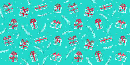 Endless texture with white gift boxes with red ribbons and bows and fir branches on a turquoise...