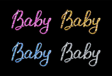 Gold, silver, pink and blue Baby hand lettering with glitter texture on a black. Vector set for boy and girl.のイラスト素材