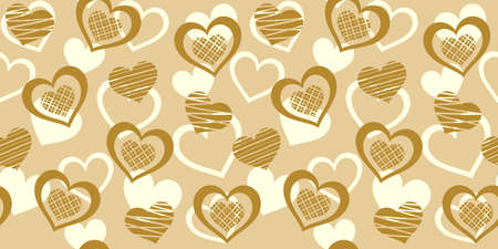 Golden beige striped hearts on a light beige background with hearts. Vector seamless pattern for wallpaper, wrapping paper, giftwrap and surface texture. Design template for Valentine`s day or weddingのイラスト素材