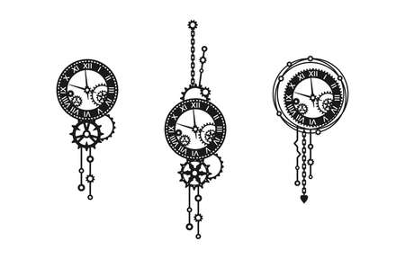 Set of black and white clocks with gears, cogwheels and chain on a white Mechanism. steampunk....