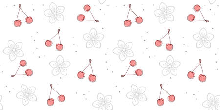 Outline pink cherry on a white background with gray flowers. Floral endless texture with abstract berry. Vector seamless pattern for cover, wrapping paper, packaging, surface texture, bed linen, printのイラスト素材