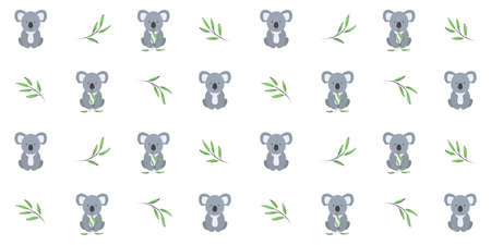 Cute koala with eucalyptus twigs on a white. Endless texture with adorable Australian animal. Vector seamless pattern for cover, wrapping paper, surface texture and nursery roomのイラスト素材