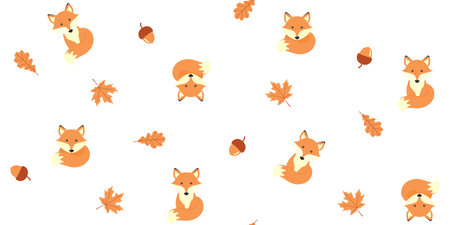 Cute fox, acorns, maple and oak leaves on a white. Autumn endless texture with adorable animal. Vector seamless pattern for cover, wrapping paper, packaging, surface texture, printのイラスト素材