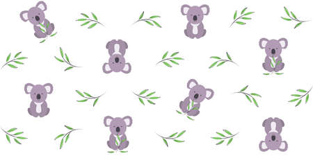 Adorable koala with eucalyptus twigs on a white background. Endless texture with cute Australian animal. Vector seamless pattern for wrapping paper, wrapper and printing on clothesのイラスト素材