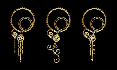 Vintage set of golden decorative elements with clock-face, gears, cogwheels, curls and chains on a black background. steampunk. Vector design template for holiday greeting cardのイラスト素材