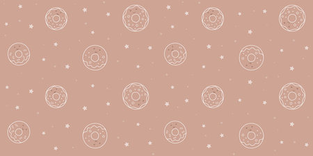 White donuts with funny faces on a brown background with small stars and dots. Endless texture with...