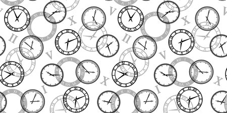 Black clocks on a white background with gray watch dials and Roman numerals. Endless texture with vintage watches. time concept. Vector seamless pattern for wrapping paper or printのイラスト素材