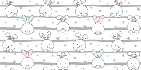 Cute white rabbit on a white and gray striped background with small stars. Endless texture with adorable bunny, tiny hare. Vector seamless pattern for cover, wrapping paper, printのイラスト素材