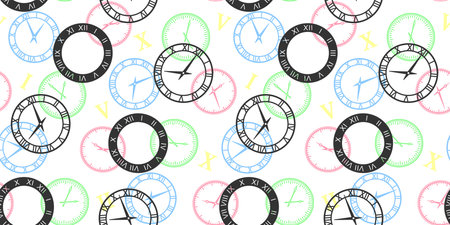 Colorful clocks, Roman numerals and black watch dials on a white background. Endless texture with vintage watches. time concept. Vector seamless pattern for surface texture, printのイラスト素材