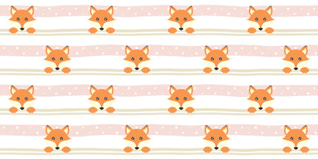 Cute fox face and paws on a soft striped background with dots. Endless texture with adorable animal. Vector seamless pattern for cover, wrapping paper, packaging or surface textureのイラスト素材