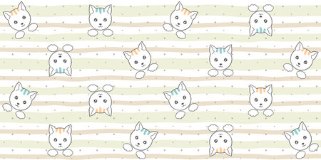 White cat faces and paws on a beige striped background with polka dots. Endless texture with cute kittens, adorable pet. Vector seamless pattern for cover, packaging and wallpaperのイラスト素材
