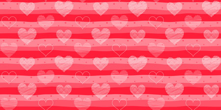 White hearts with different textures on a red striped background with dots. Valentine`s day and...