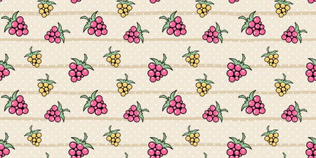 Pink and yellow berries on a beige striped background with polka dots. Endless texture with...