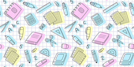Black outline school supplies, office stationary and colored shadows on a notebook sheet in a cell. Back to school endless texture and education concept. vector seamless patternのイラスト素材