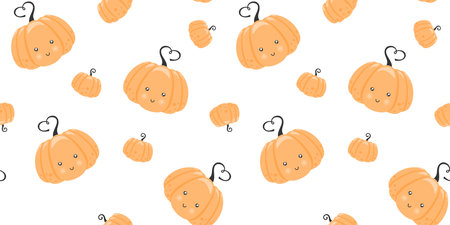 Ripe pumpkin with a cute face and a heart-shaped stem on a white background. Endless texture with kawaii vegetable character. Vector seamless pattern for country fair, farm marketのイラスト素材