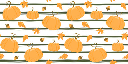 Ripe pumpkins, acorns, maple and oak leaves on a striped background. Endless texture with seasonal vegetables. Vector seamless pattern for country fair, farm market and food storeのイラスト素材
