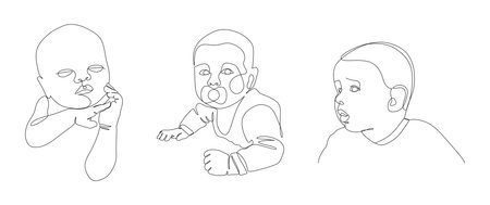 Black outline cute baby isolated on a white background. Minimalist modern one line art. Linear kids portraits. Black and white vector set for poster, greeting card, cover and printのイラスト素材