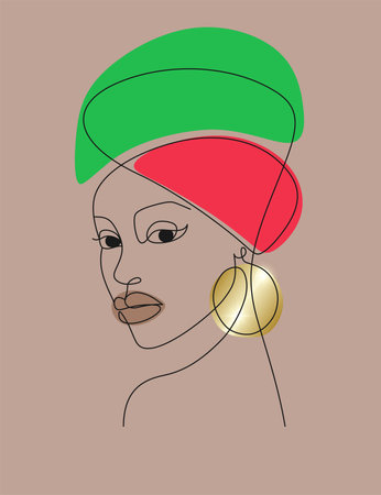 Beautiful dark-skinned African woman in a red and green national headdress and with a gold round earring on a brown background. Abstract female portrait line art drawing. vectorのイラスト素材