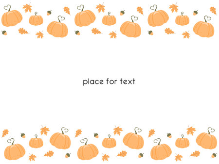 <p>Ripe pumpkins, acorns, maple and oak leaves. White background with horizontal borders and place for text. Vector design template for banner, signboard, country fair and autumn festival</p>のイラスト素材