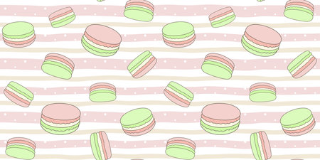 Pink and green macaroons on a soft striped background with dots. Endless texture with French sweet pastries. Vector seamless pattern for bakery, pastry shop, confectionery or printのイラスト素材