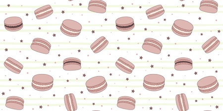 Chocolate macaroons on a striped background with small stars and dots. Endless texture with French sweet pastries. Vector seamless pattern for bakery, pastry shop and confectioneryのイラスト素材