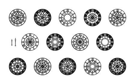 Different clock dials with openwork decor and hands. Black watch faces with Roman numerals, isolated on a white background. Vector set of elegant decorative elements for decorationのイラスト素材