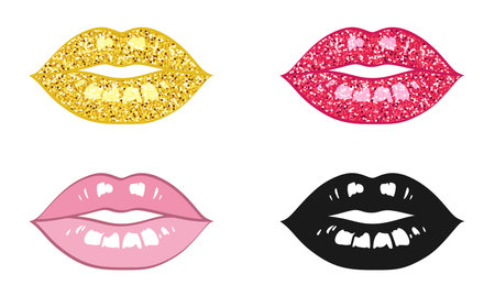 Set of colorful woman lips, isolated on a white background. Black and white, pink, gold and red glitter texture. Vector decorative female lips for website, sign, logo or labelのイラスト素材