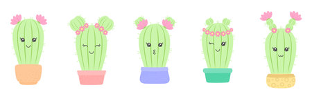 Cute cacti girls with pink flowers and funny faces, isolated on a white background. Kawaii plant characters in colorful flower pots. Vector set for greeting card, print for t-shirtのイラスト素材