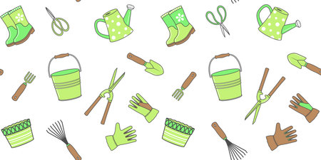 Green and brown garden tools on a white background. Spring endless texture with home farming equipment. Vector seamless pattern for garden shop, wrapping paper and surface textureのイラスト素材