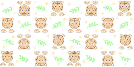 Cute tiger cub face with paws, twigs and small stars on a white background. Endless texture with a little animal. Vector seamless pattern for kids cover, surface texture and printのイラスト素材