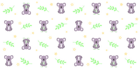Cute koala, green twigs and small stars on a white background. Endless texture with adorable Australian animal. Vector seamless pattern for wrapping paper, surface texture or printのイラスト素材
