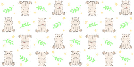 Sitting hippos, green twigs and small yellow stars on a white background. Endless texture with cute tiny behemoths. Vector seamless pattern for wrapping paper and surface textureのイラスト素材