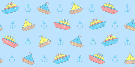 Colorful toy sailboats and steamships on a blue background with anchors. Endless texture with ships. Vector seamless pattern for wrapping paper, giftwrap, surface texture and printのイラスト素材