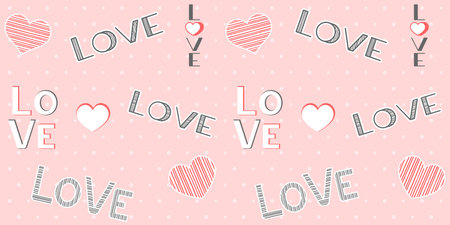 Red striped hearts and dark gray inscriptions love on a pink polka dot background. Valentine's day and wedding endless texture with words. love concept. vector seamless patternのイラスト素材
