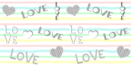 Black and white striped hearts and inscriptions love on a multicolored background. Valentine's day and wedding endless texture with words. love concept. vector seamless patternのイラスト素材