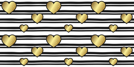 Golden hearts with black edging on a black and white striped background. Valentine's day and wedding endless texture. Vector seamless pattern for wrapping paper, giftwrap and printのイラスト素材