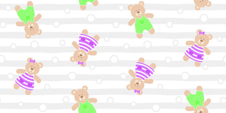 Brown teddy bears in a green bodysuit and purple dress on a gray and white striped background with circles. Endless texture with animals in funny clothes. vector seamless patternのイラスト素材