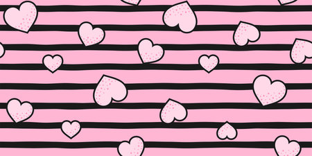 Pink hearts with black edging on a black and pink striped background. Valentine's day and wedding endless texture. Vector seamless pattern for surface texture, cute giftwrap, printのイラスト素材