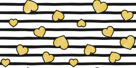 Golden hearts with glitter texture and black edging on a black and white striped background....