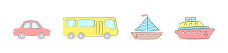 Colorful kids car, bus, ship and steamer, isolated on a white background. Set of toy transports. Vector decorative elements for cover, greeting card, signage, label, emblem, printのイラスト素材