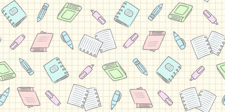 Light colorful school supplies, office stationary with gray edging on a yellow notebook sheet in a cell. Back to school endless texture, education concept. Vector seamless patternのイラスト素材