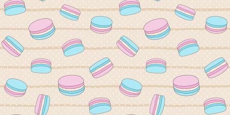 Pink and blue macaroons on a beige background with stripes and polka dots. Endless texture with French sweet pastries. Vector seamless pattern for bakery, pastry shop, confectionerのイラスト素材